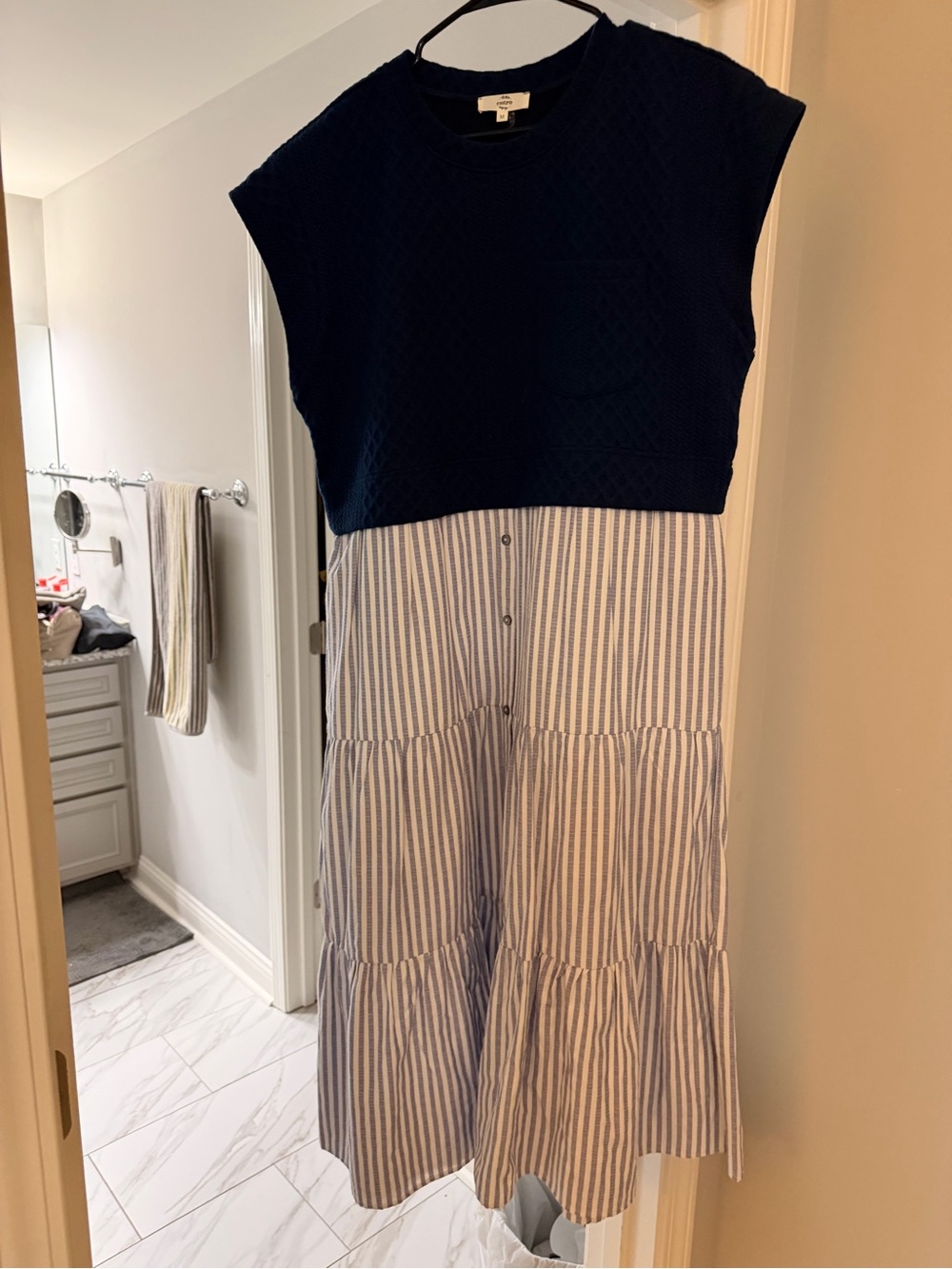 entro Navy Knit Bodice with Blue-and-White Striped Tiered Midi Dress
